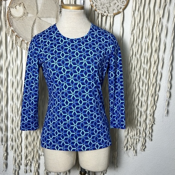 J. McLaughlin Catalina Cloth Bright Blue and Aqua Quarter Sleeve Top Size Small - Picture 1 of 8